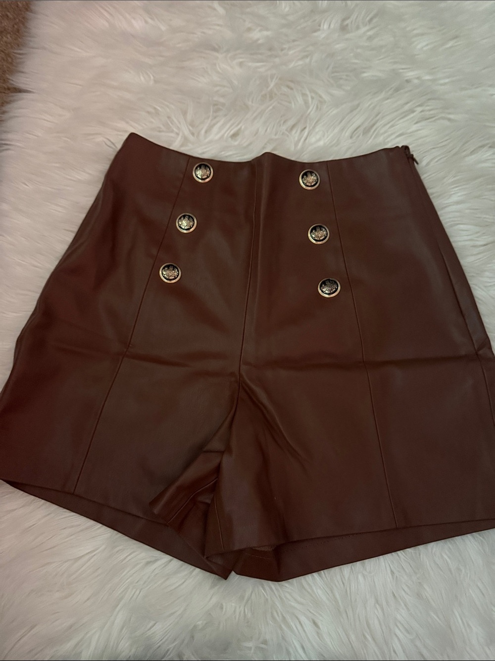 Zara High-Waist Brown Faux Leather Shorts with Button Detail